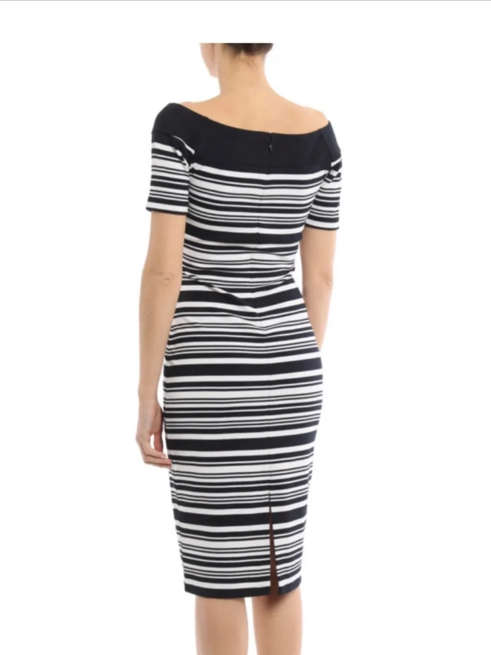 Michael Kors Striped Off-Shoulder Pique Knit Midi Dress Navy/White Size Large